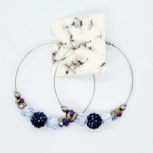 Silver & Blue Beaded Hoop Statement Earrings